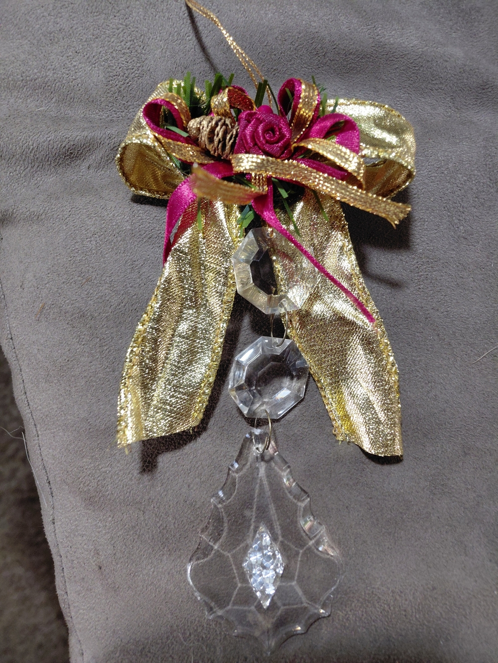 Gold and Magenta Bow Hanging Acrylic Crystal Ornament